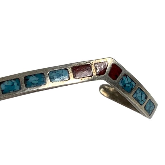 VTG Navajo Sterling Silver Crushed Turquoise + Coral Zuni ZigZag Cuff Bracelet - Picture 5 of 5
